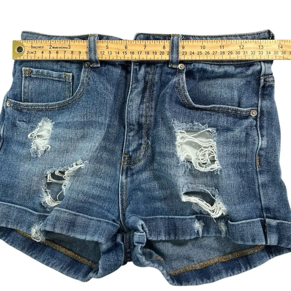 Bullhead Jean Shorts Size 5 Mom Short High Rise Distressed Rolled Cuff Ripped - Picture 4 of 7